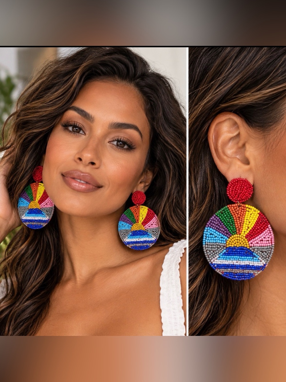 Colorful Hand-Beaded Statement Drop Earrings | Boho Rainbow Fan Design